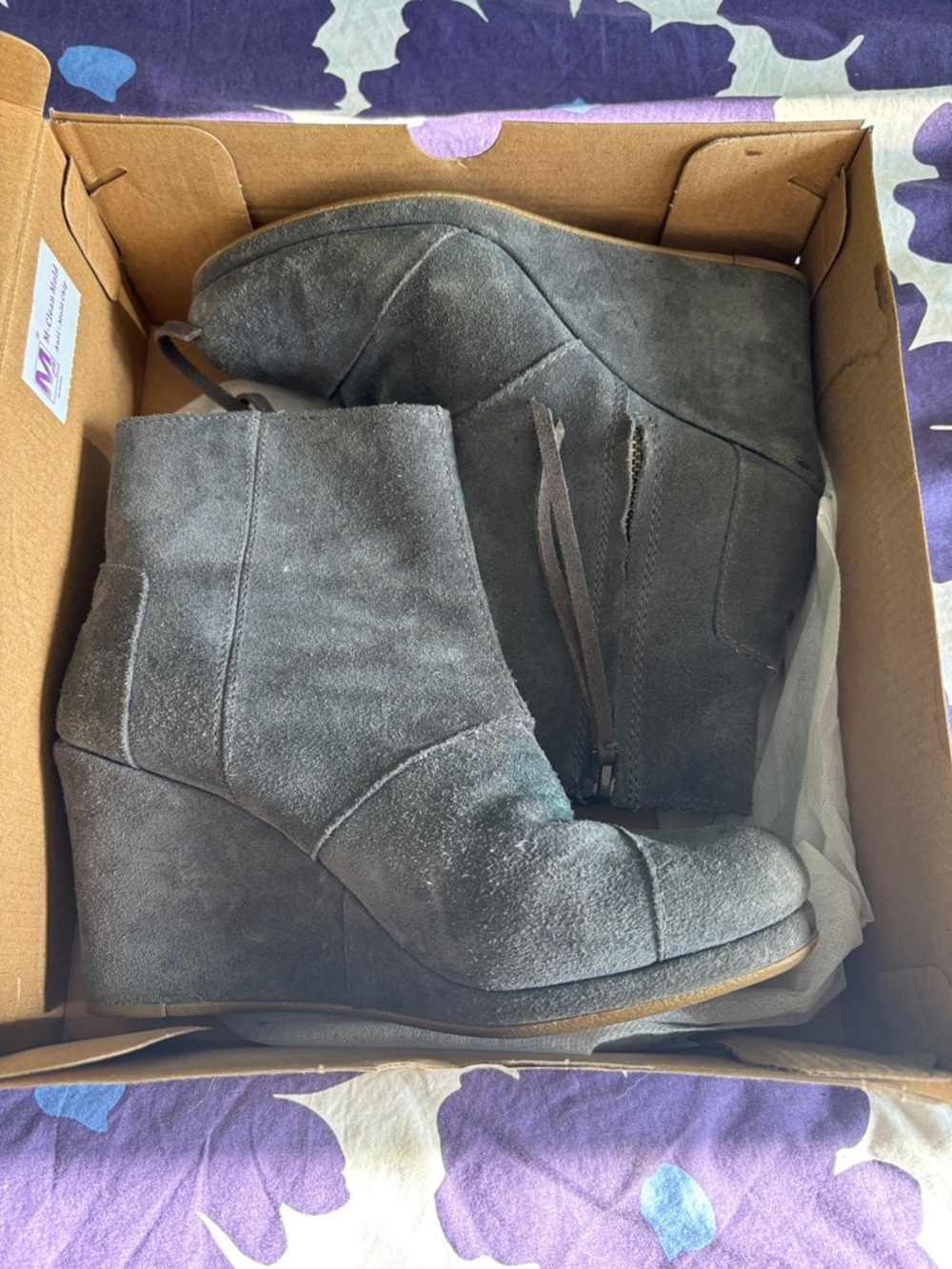 Toms Charcoal Suede Wedge Ankle Boots